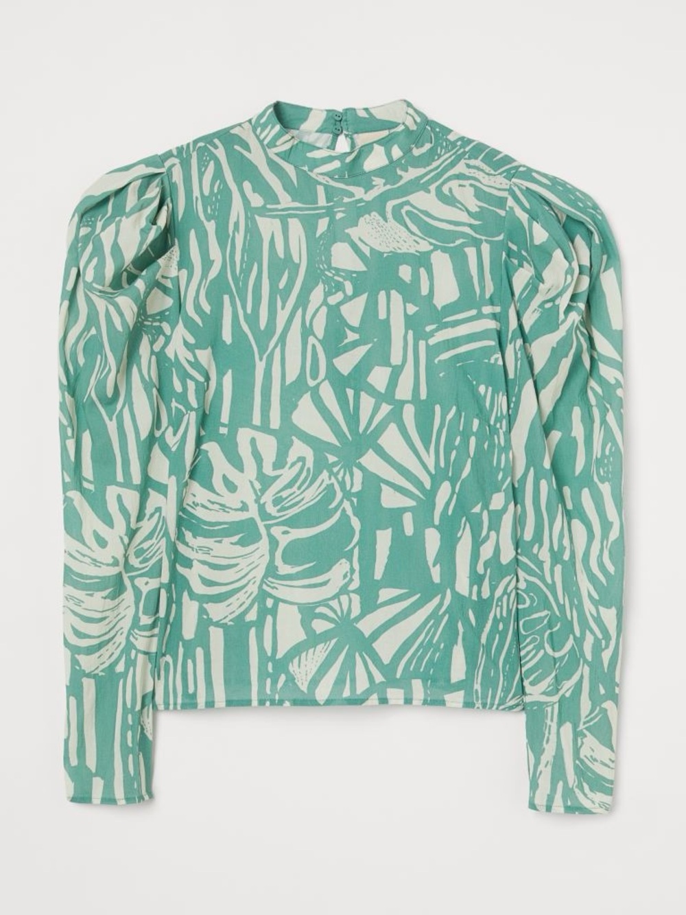 H&M Tropical Green & White Puff Sleeve Blouse